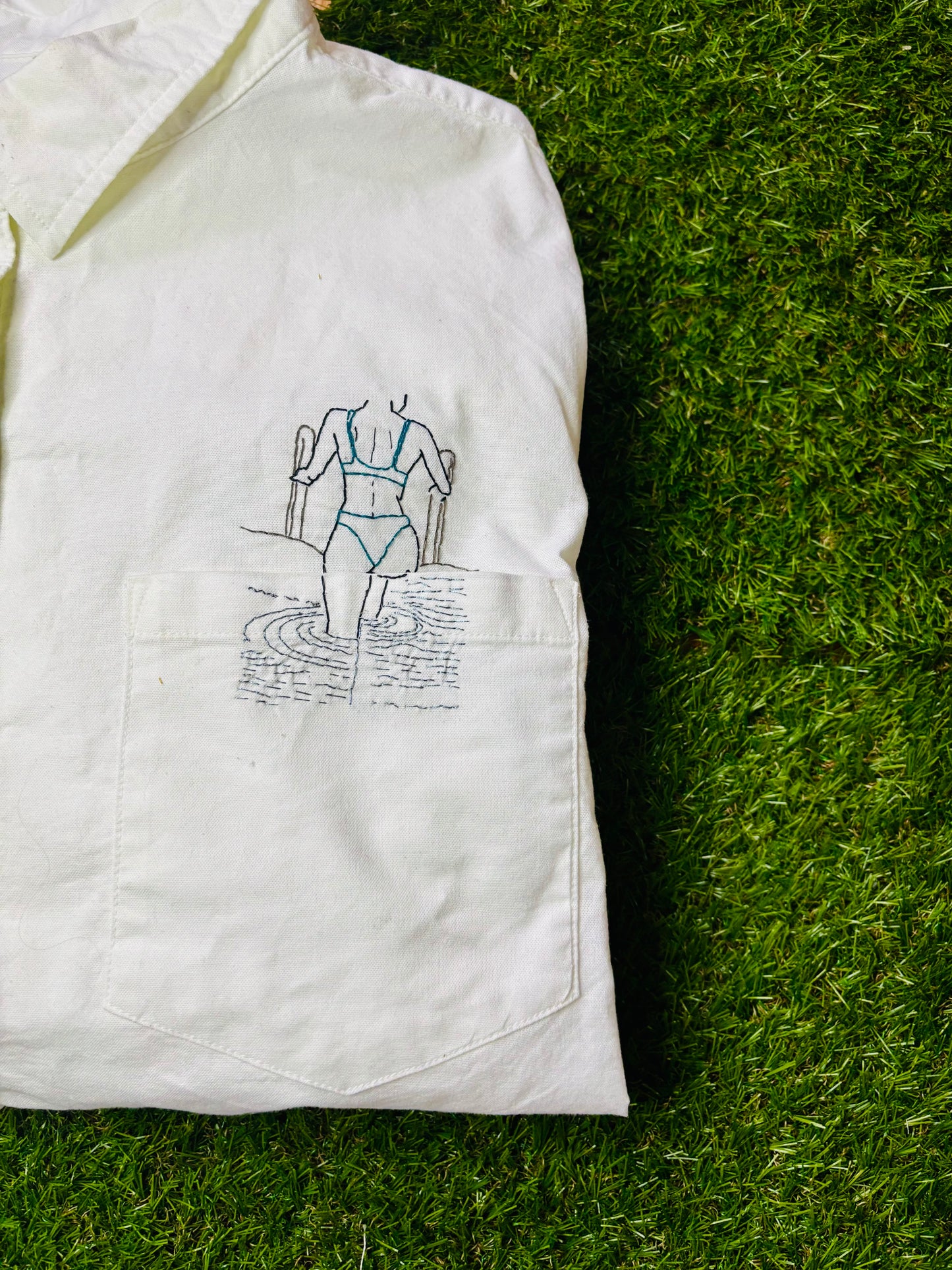 Woman Getting Out of Pool Hand Embroidered Women’s Button Down