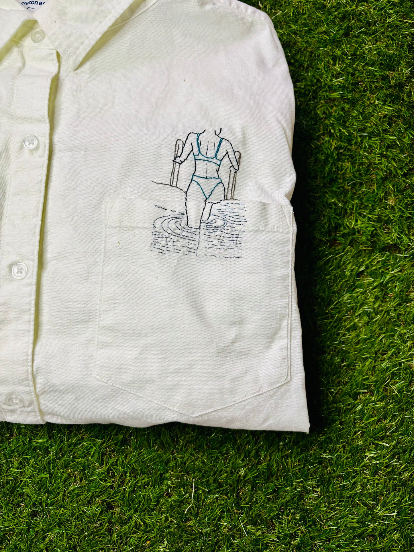 Woman Getting Out of Pool Hand Embroidered Women’s Button Down