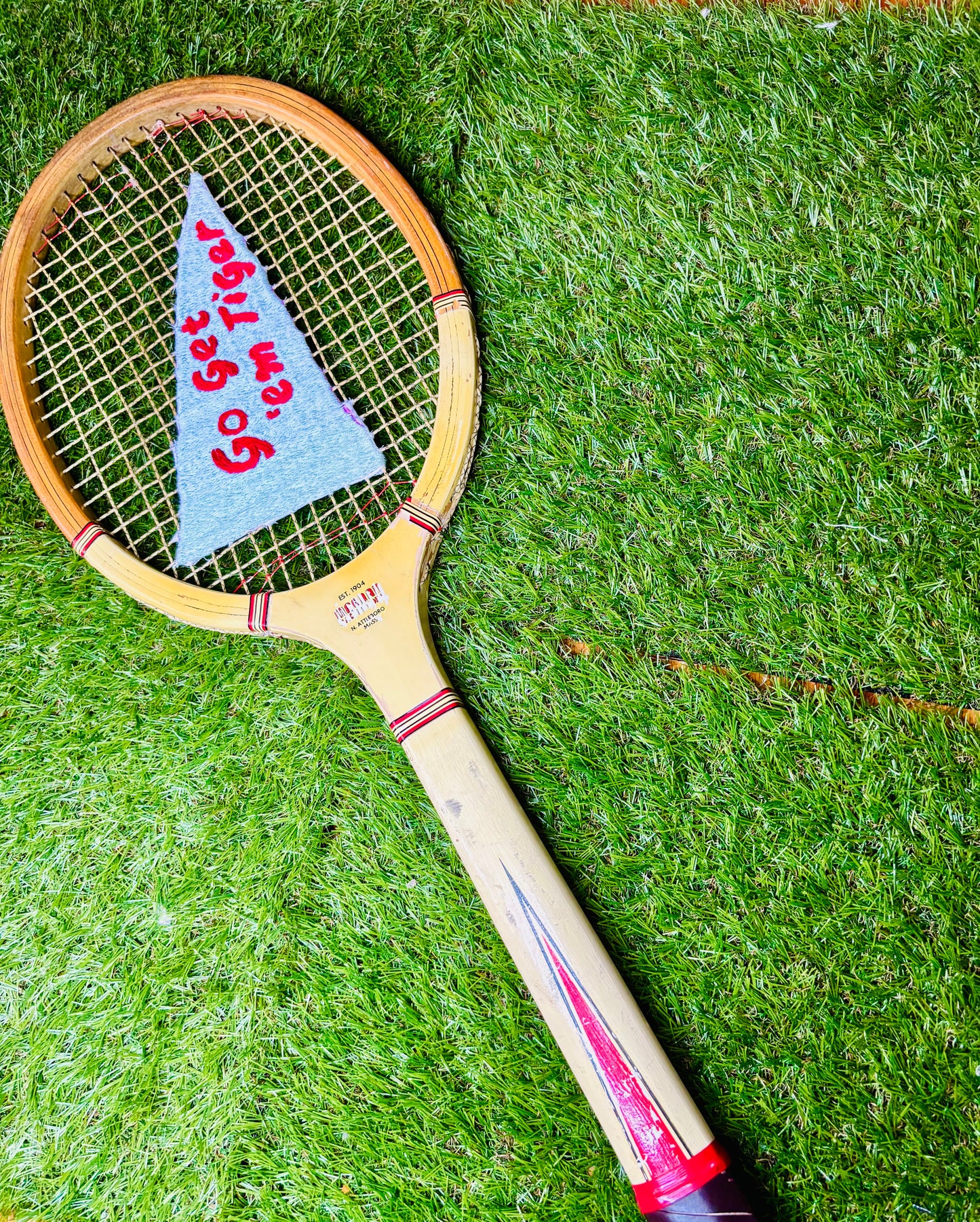 Go Get 'em Tiger Pennant Hand Embroidered Vintage Tennis Racket