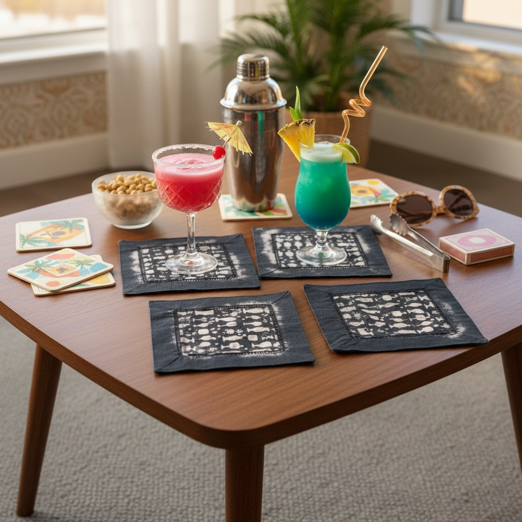 Bleach-Painted Cocktail Napkins, Set of 4 — Black Linen with Barware Print, Handmade Hostess Gift