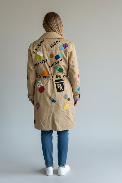 If You're Happy and You Know it Trench Coat - Hand Enbroidered and Painted Pills!!