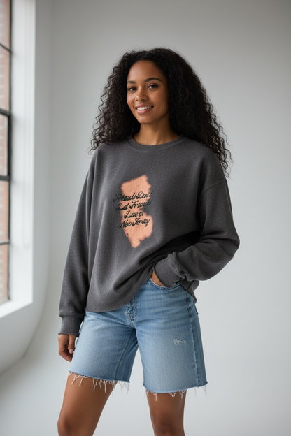 Friends Don't Let Friends Live in New Jersey - Hand Embroidered and Bleach Painted Sweatshirt