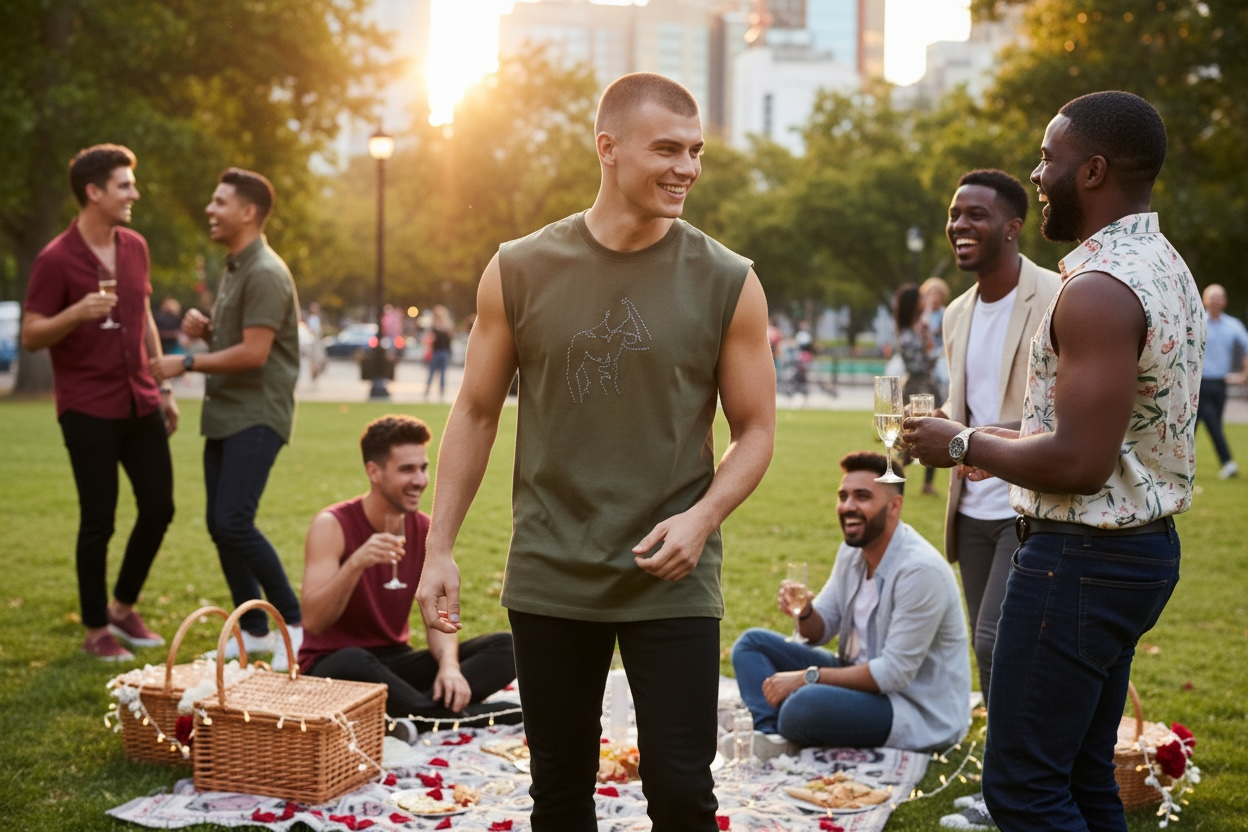 “Marcelo” Nude Male Hand-Embroidered  Men's Muscle Tank
