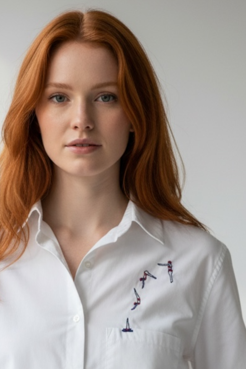 Woman Diving into Pocket Hand Embroidered Women’s Button Down