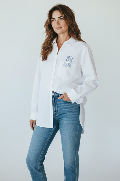 Woman Getting Out of Pool Hand Embroidered Women’s Button Down