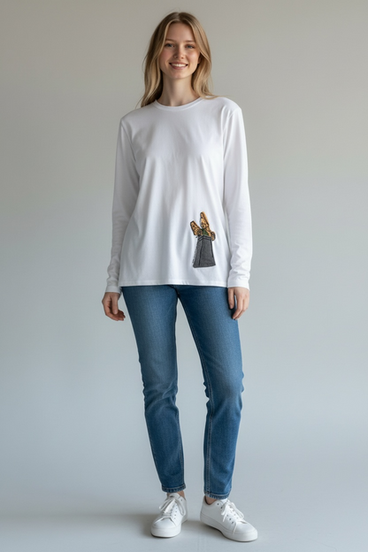 Crossed Tweed Legs with Hand Embroidered Shoes and Socks on White Tshirt