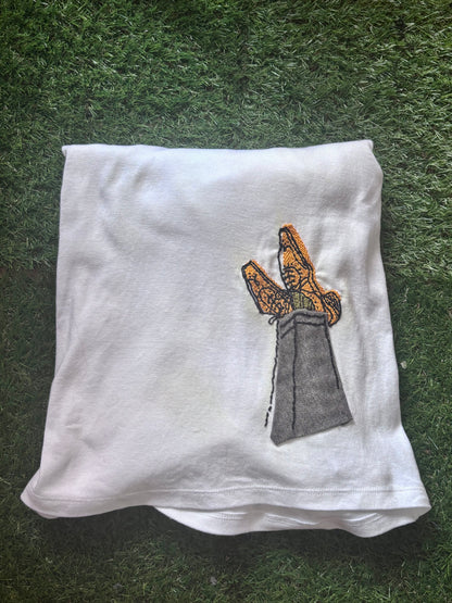Crossed Tweed Legs with Hand Embroidered Shoes and Socks on White Tshirt