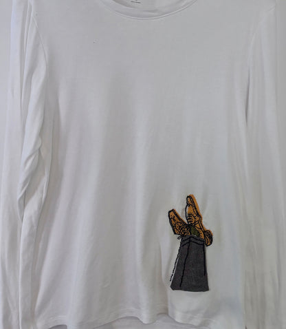 Crossed Tweed Legs with Hand Embroidered Shoes and Socks on White Tshirt