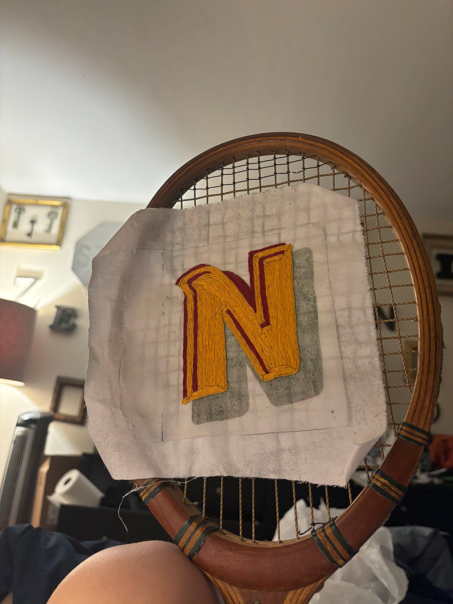 Custom Initial Hand Embroidered Vintage Wooden Tennis Racket