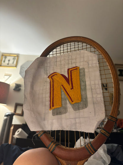Custom Initial Hand Embroidered Vintage Wooden Tennis Racket
