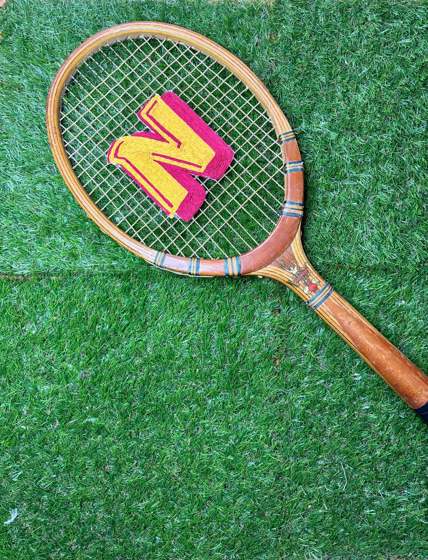 Custom Initial Hand Embroidered Vintage Wooden Tennis Racket