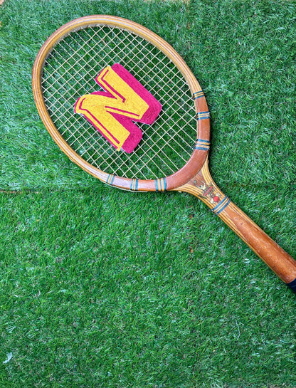 Custom Initial Hand Embroidered Vintage Wooden Tennis Racket