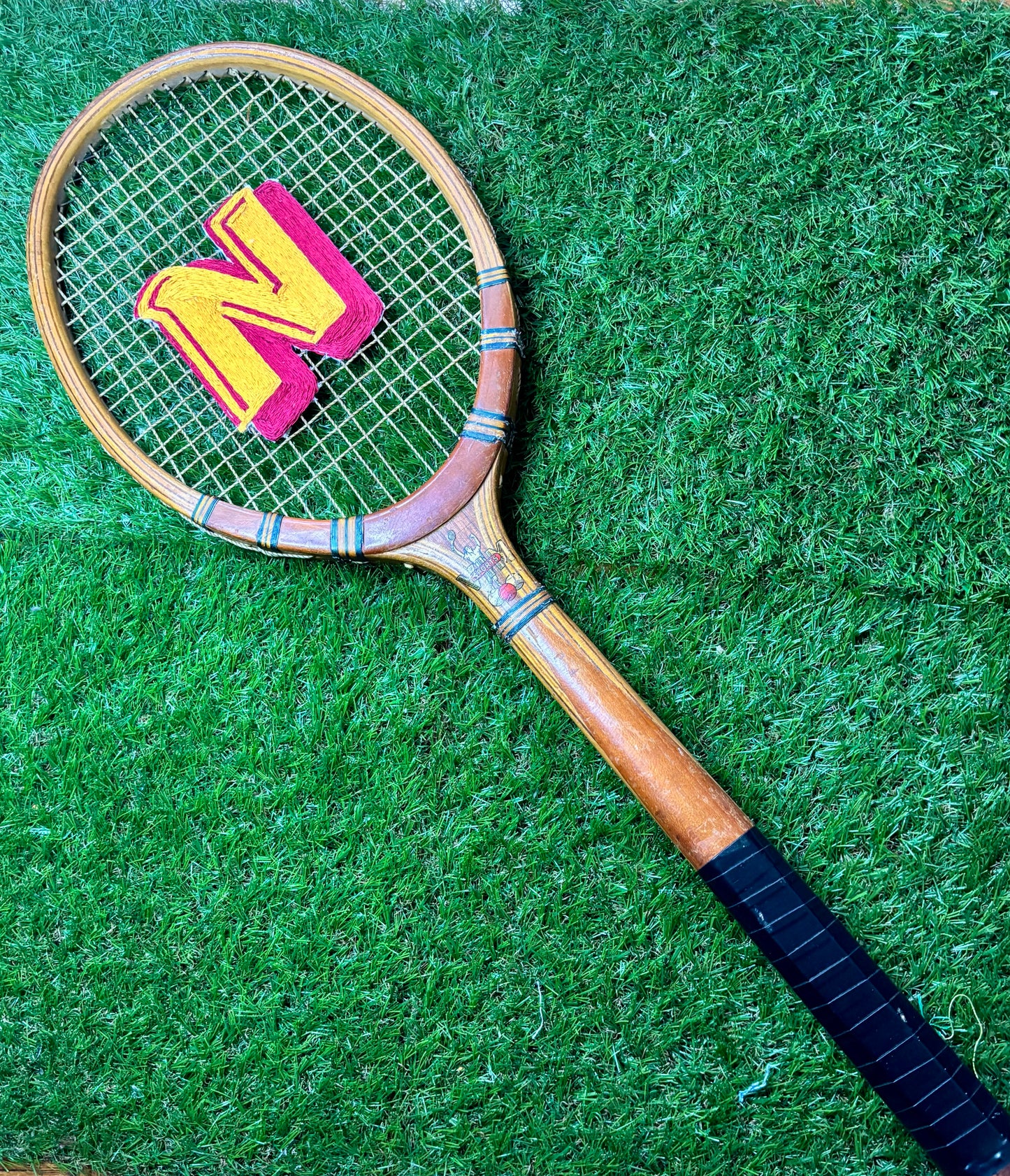 Custom Initial Hand Embroidered Vintage Wooden Tennis Racket