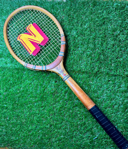 Custom Initial Hand Embroidered Vintage Wooden Tennis Racket