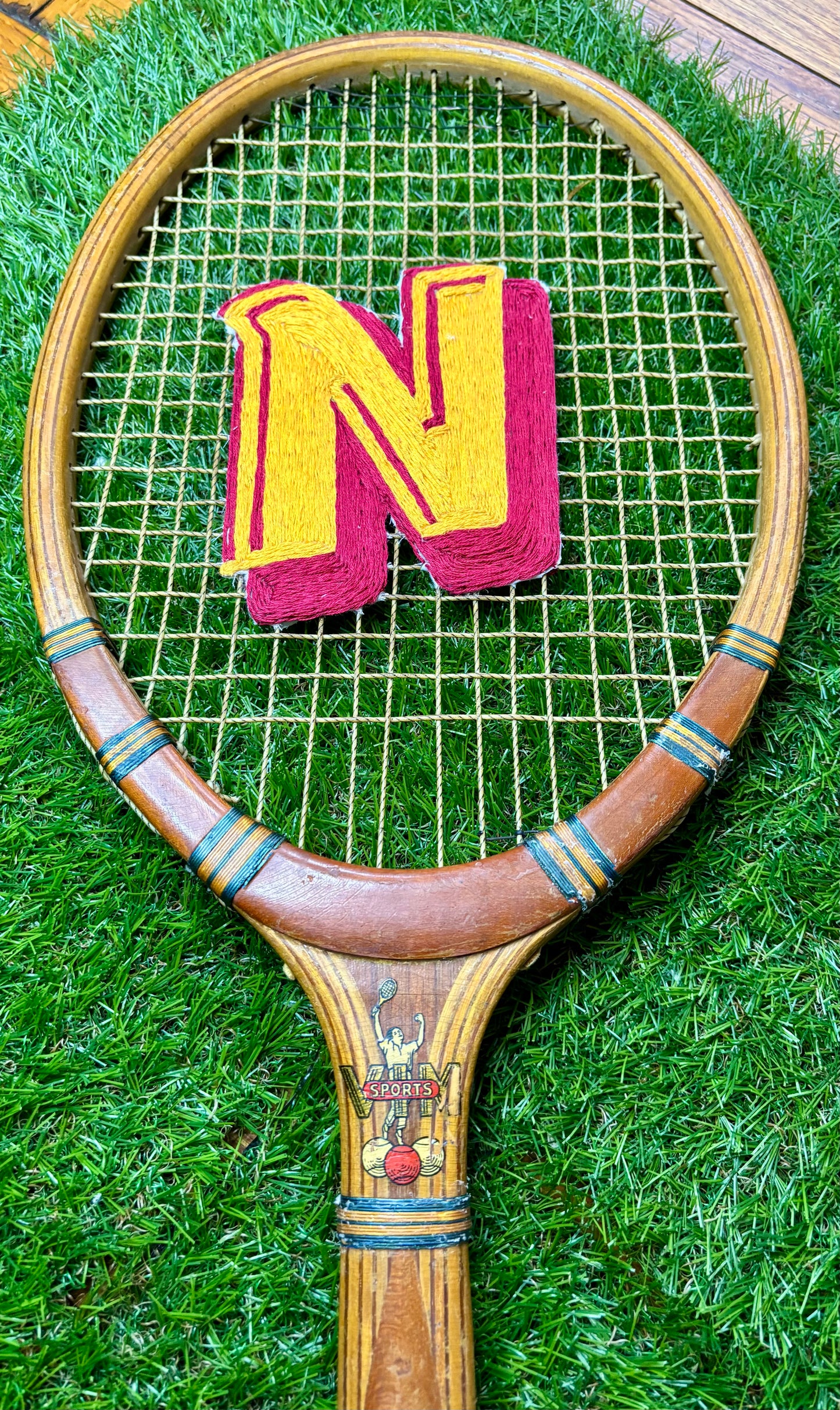 Custom Initial Hand Embroidered Vintage Wooden Tennis Racket