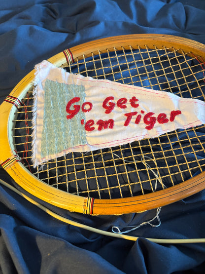 Go Get 'em Tiger Pennant Hand Embroidered Vintage Tennis Racket