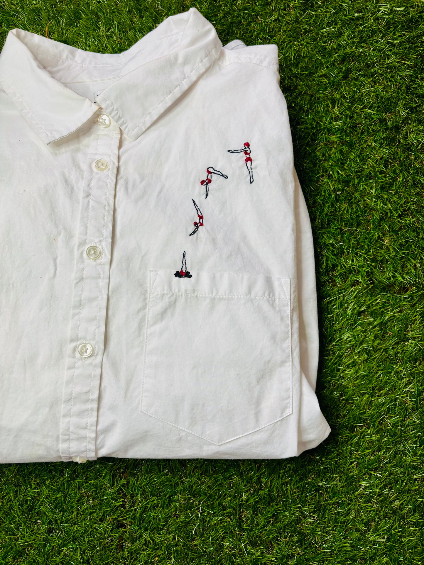 Woman Diving into Pocket Hand Embroidered Women’s Button Down