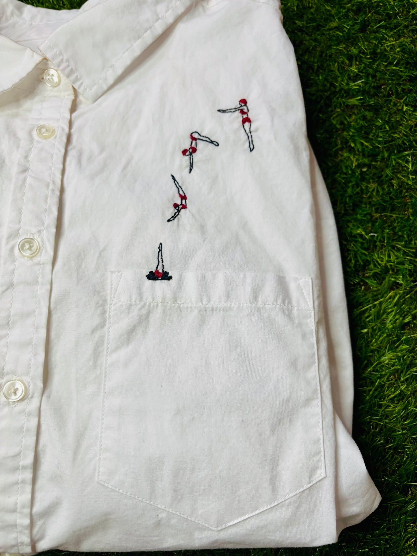 Woman Diving into Pocket Hand Embroidered Women’s Button Down