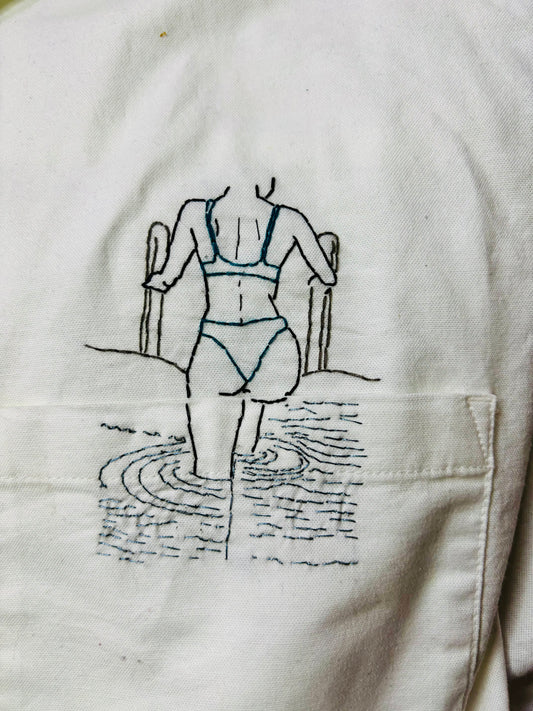 Woman Getting Out of Pool Hand Embroidered Women’s Button Down