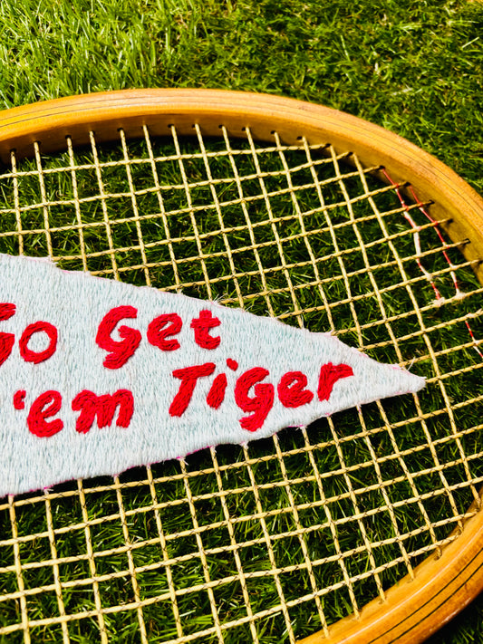 Go Get 'em Tiger Pennant Hand Embroidered Vintage Tennis Racket