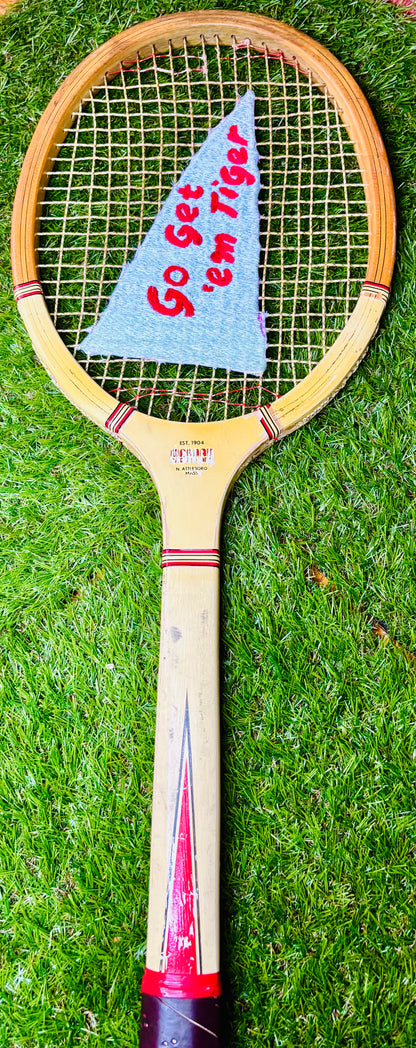 Go Get 'em Tiger Pennant Hand Embroidered Vintage Tennis Racket