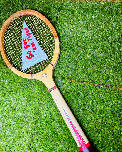 Go Get 'em Tiger Pennant Hand Embroidered Vintage Tennis Racket