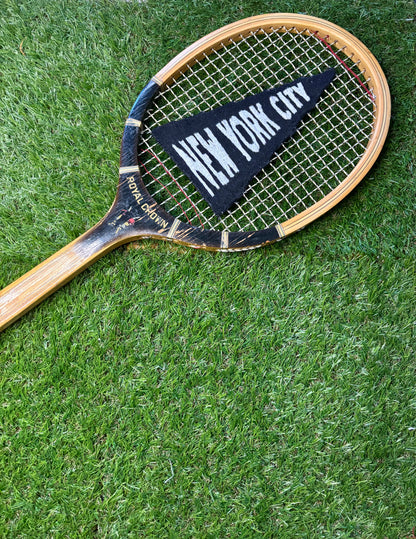 "New York City" — Hand-Embroidered Vintage Tennis Racket Wall Art — Black & White Thread Woven Through the Strings, No Felt, No Shortcuts, Every Racket Unique