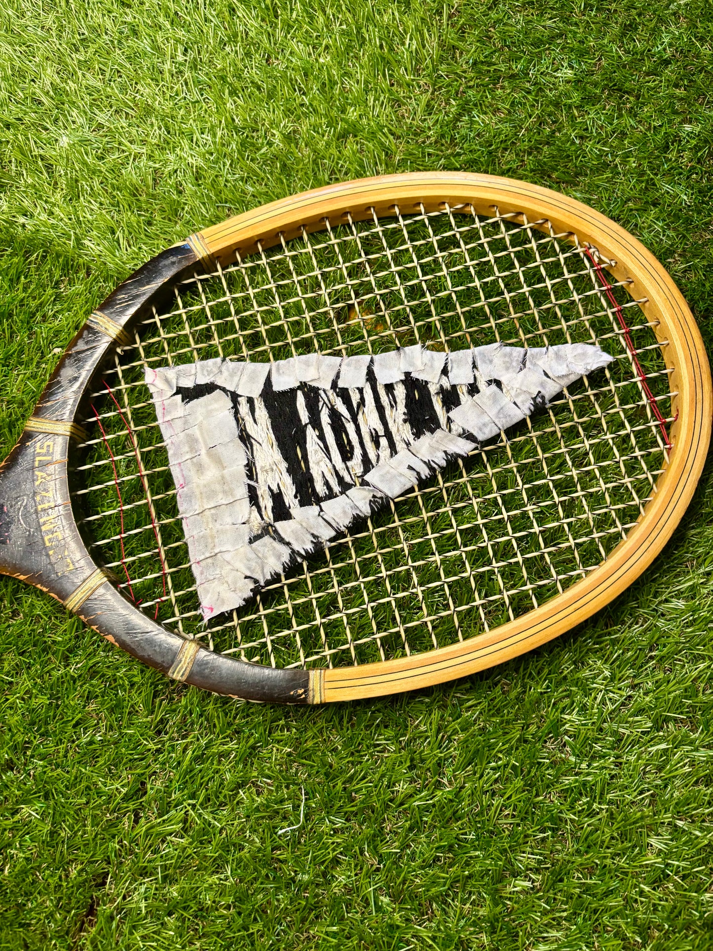 "New York City" — Hand-Embroidered Vintage Tennis Racket Wall Art — Black & White Thread Woven Through the Strings, No Felt, No Shortcuts, Every Racket Unique