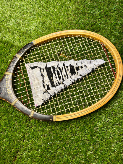 "New York City" — Hand-Embroidered Vintage Tennis Racket Wall Art — Black & White Thread Woven Through the Strings, No Felt, No Shortcuts, Every Racket Unique