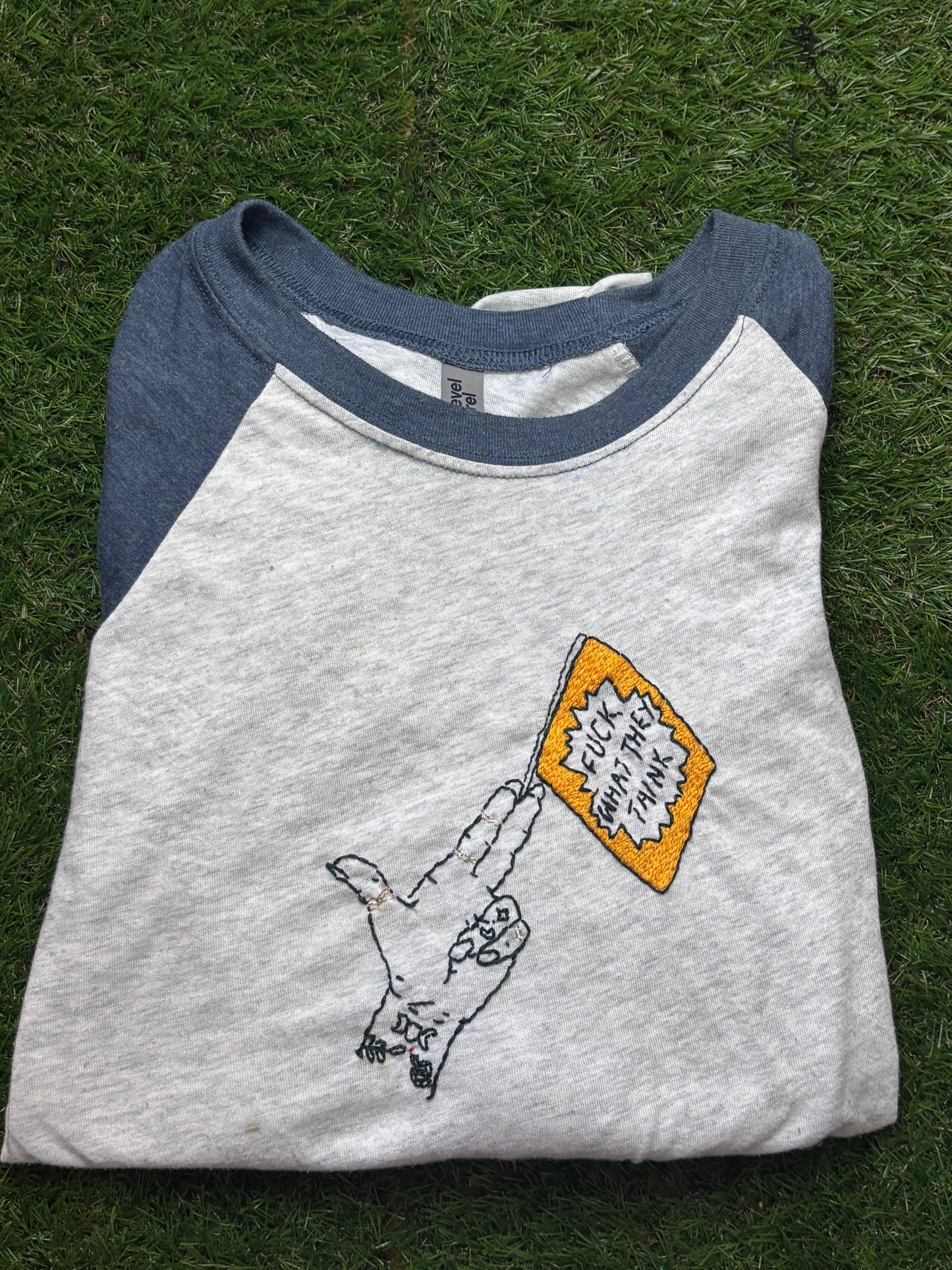 "Fuck What They Think" Hand Embroidered Raglan Baseball Tee