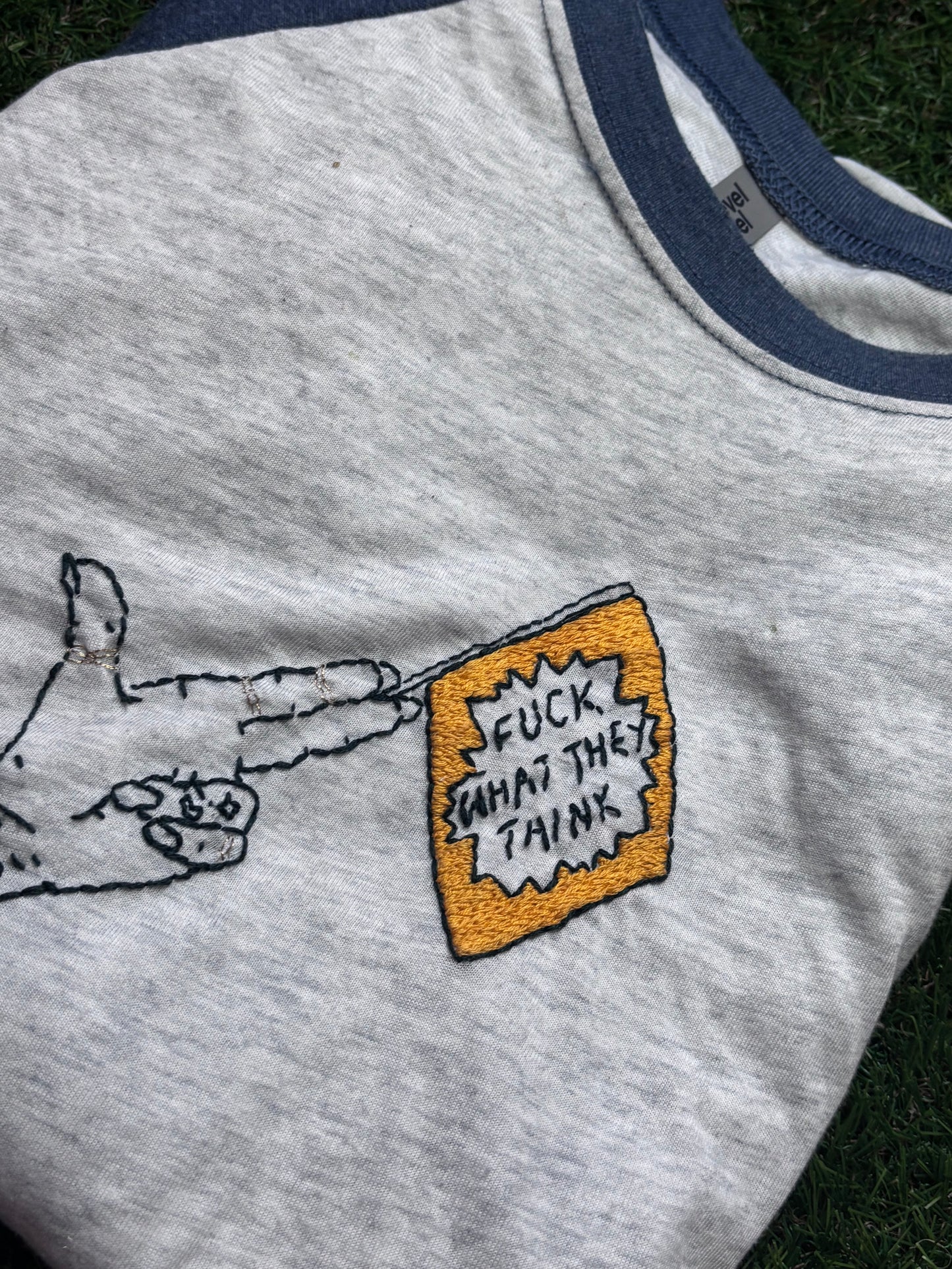 "Fuck What They Think" Hand Embroidered Raglan Baseball Tee