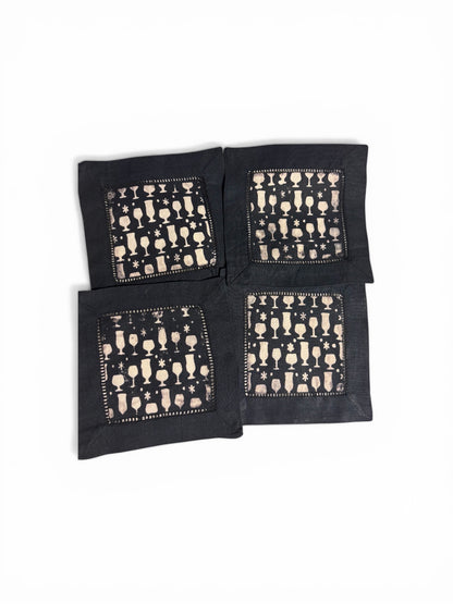 Bleach-Painted Cocktail Napkins, Set of 4 — Black Linen with Barware Print, Handmade Hostess Gift