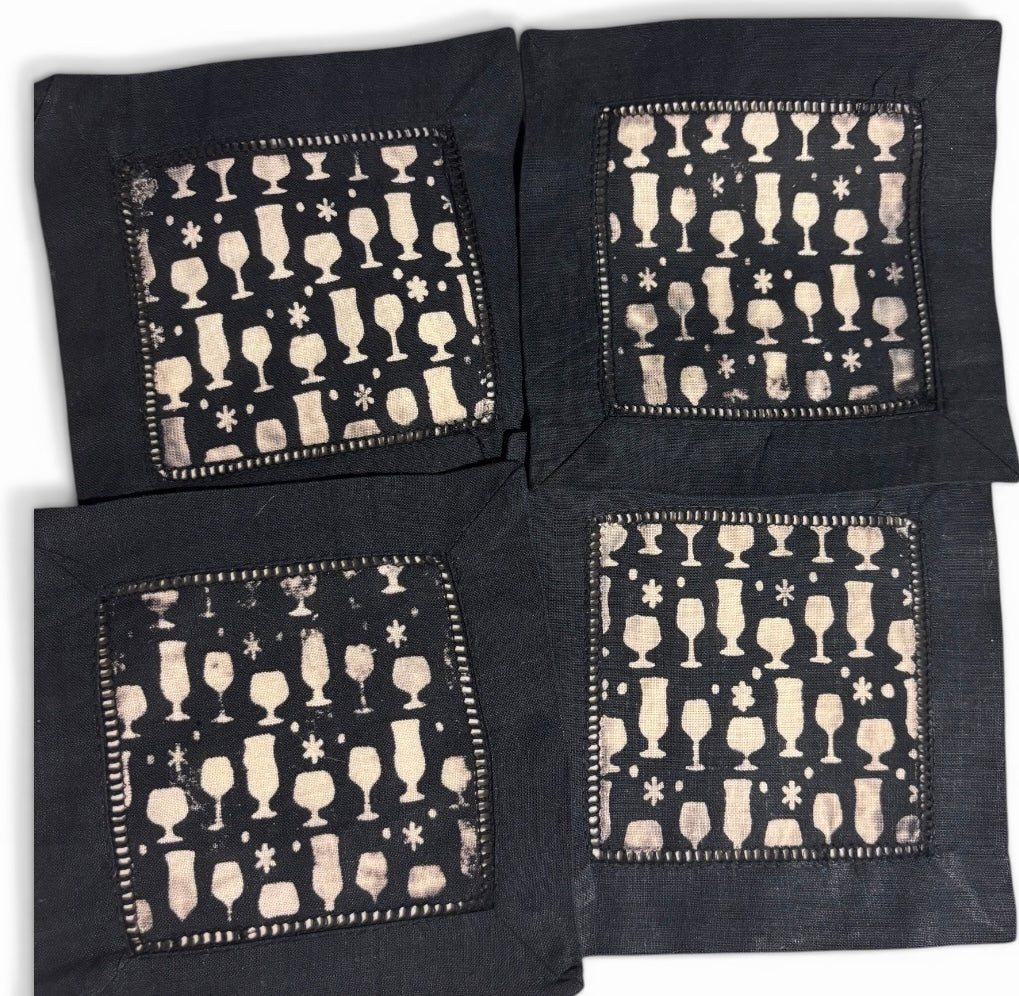 Bleach-Painted Cocktail Napkins, Set of 4 — Black Linen with Barware Print, Handmade Hostess Gift
