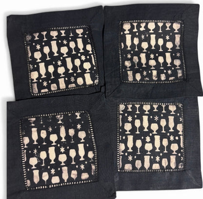 Bleach-Painted Cocktail Napkins, Set of 4 — Black Linen with Barware Print, Handmade Hostess Gift