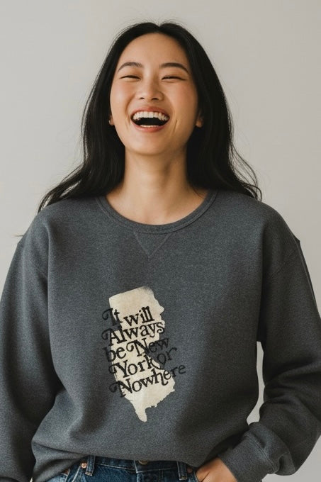 "It Will Always Be New York or Nowhere" Hand Embroidered Sweatshirt — Bleach Painted New Jersey State Silhouette, Snarky Stitches by Nikki Garb