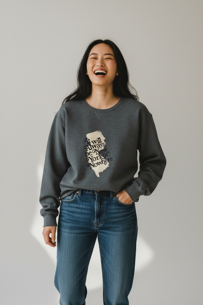 "It Will Always Be New York or Nowhere" Hand Embroidered Sweatshirt — Bleach Painted New Jersey State Silhouette, Snarky Stitches by Nikki Garb